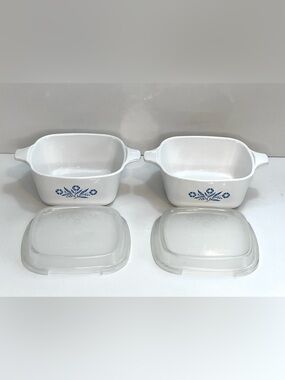 2 Vtg Corning Ware Cornflower Blue Dishes W Storage Lids P-43-B 22oz Made In USA